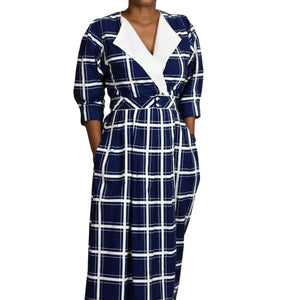 Vintage Lanz Originals Midi Dress Blue Windowpane Check Print 80s Retro Size 6