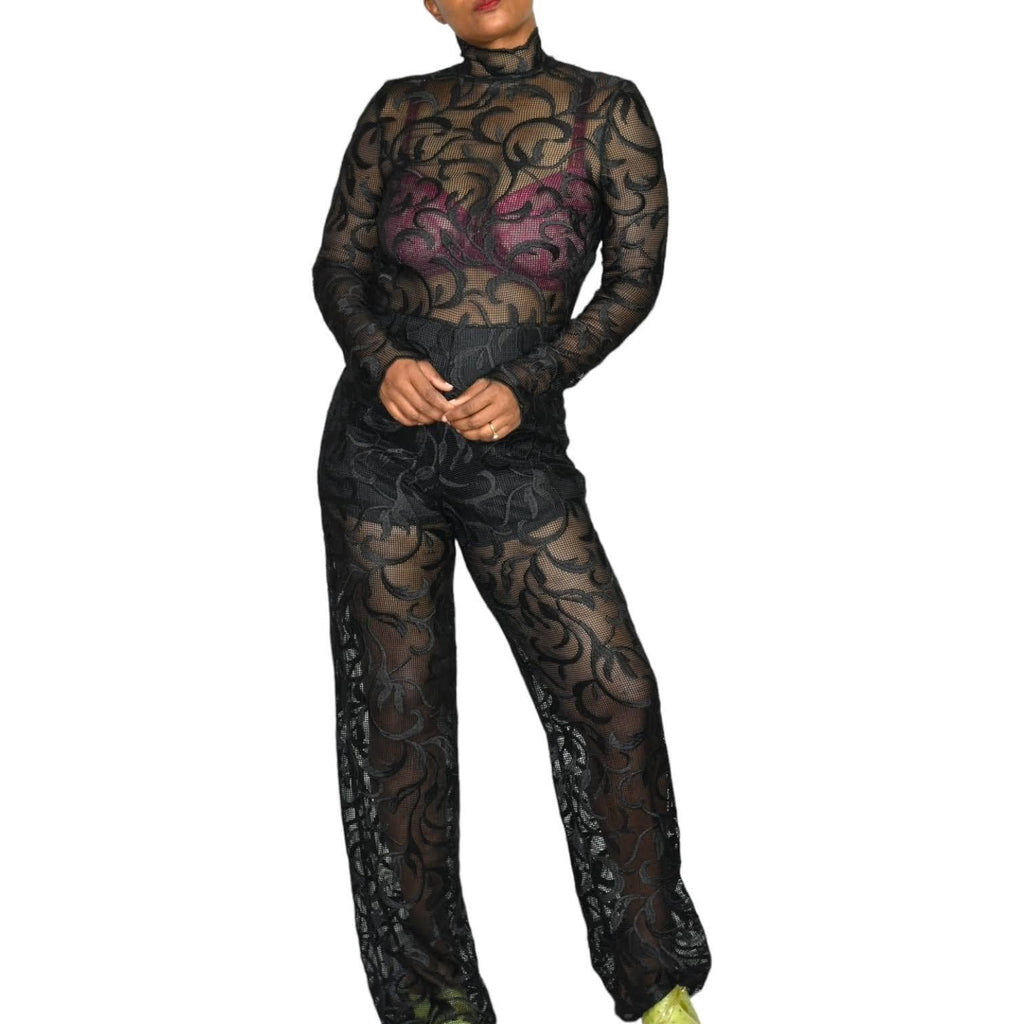 Black Lace Jumpsuit Sheer High Neck Scalloped Mesh Long Sleeves Straight Leg Size XS