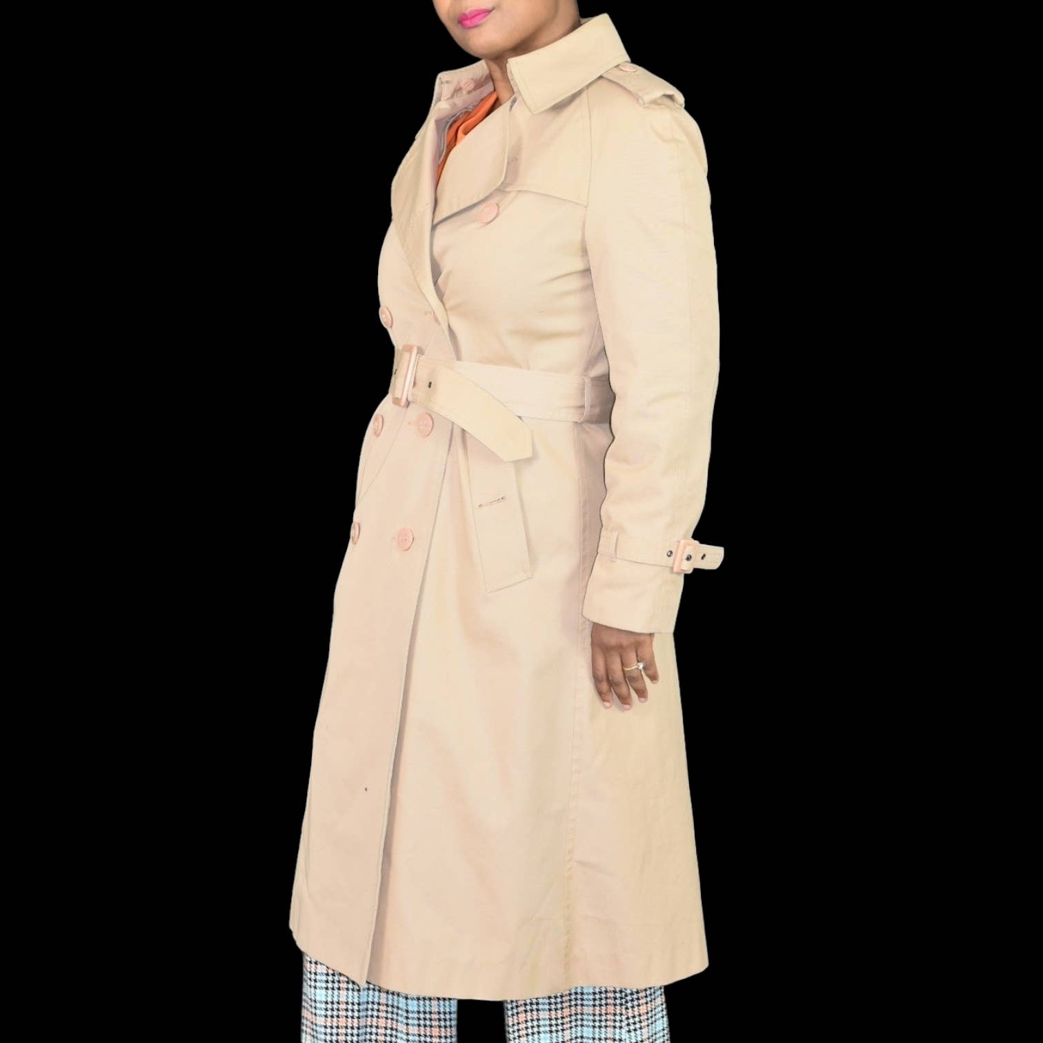 Vintage Trench Coat Tan All Weather Removable Plaid Flannel Lining Belted Size Small