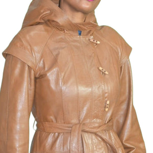 Leather Trench Coat Tan Brown Vintage Long Midi Hooded 80s Minimalist Size Small