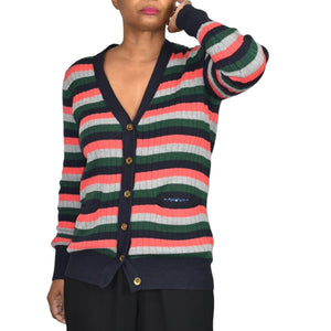 Moth Jamison Cardigan Blue Multicolor Striped Anthropologie V Neck Sweater Size XS