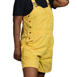 Vintage Bib Overalls Shorts Yellow Cotton Denim Shortalls 90s Y2k Dungarees Size Medium