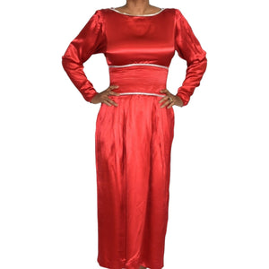 Vintage Satin Dress Red Straight Column Midi Crystals Shimmer Glam Low Back Size Small