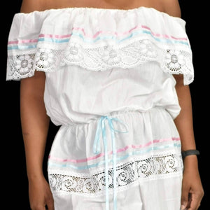 Mexican Campesino Peasant Dress White Embroidery Lace Ribbon Ties Pastel One Size