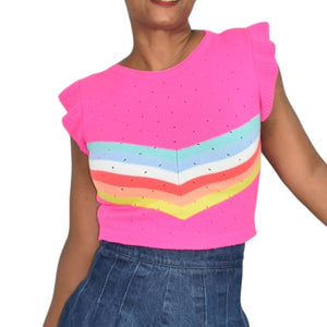 Pink Pointelle Sweater Vest Ruffle Flutter Sleeve Chevron Rainbow Color Block Size Small