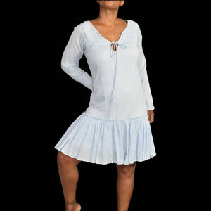 Apiece Apart Drop Waist Dress Blue Crinkled Minimalist Long Sleeve Cotton Size 4