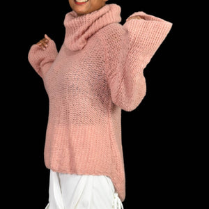 Calypso St Barth Cherita Sweater Pink Rose Crochet Bell Flare Sleeve Cowl Neck Wool Mohair Size Large