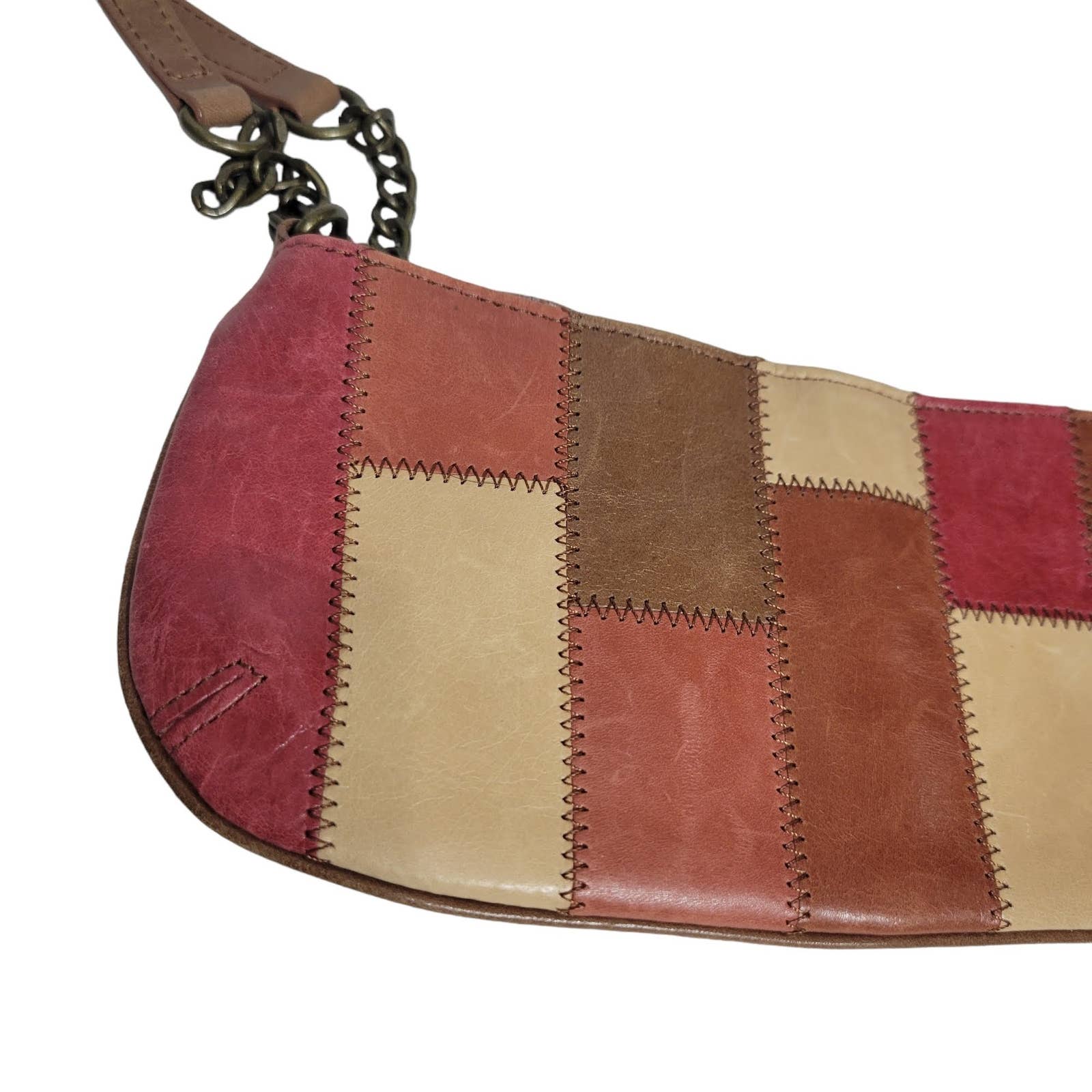 Fossil Patchwork Wristlet Bag Brown Multicolor Leather Chain Retro Pouch Wallet Vintage