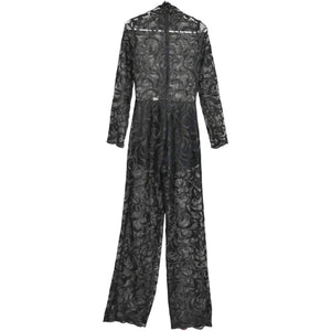 Black Lace Jumpsuit Sheer High Neck Scalloped Mesh Long Sleeves Straight Leg Size XS