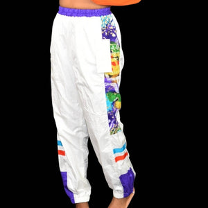 Vintage East West Nylon Track Pants White Abstract Print 90s Colorblock Joggers Size Small