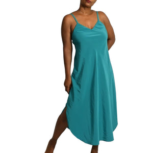 Vintage Natori II Nightgown Green Teal Silky Satin Slipdress Midi Side Slits Size Small