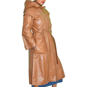 Leather Trench Coat Tan Brown Vintage Long Midi Hooded 80s Minimalist Size Small