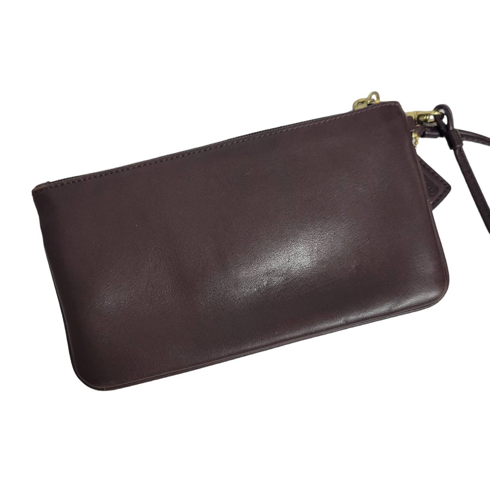 Coach Wristlet Dark Brown Leather Wallet Turnlock Pouch Wrist Strap Rectangle