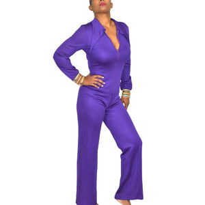 Vintage Purple Jumpsuit Bell Bottom Flare 70s Butterfly Collar Retro Polyester Size Small