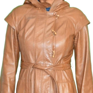 Leather Trench Coat Tan Brown Vintage Long Midi Hooded 80s Minimalist Size Small