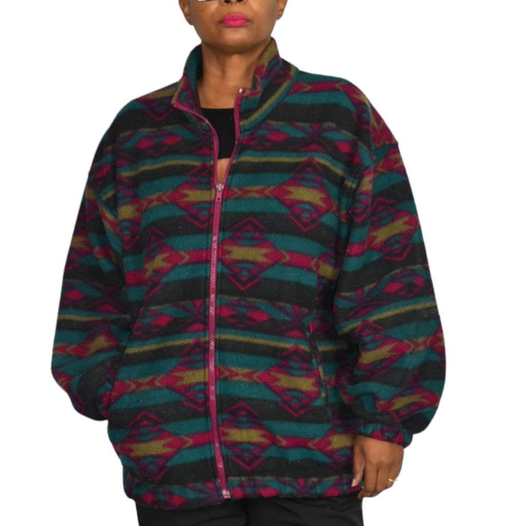 Vintage Winterset Fleece Jacket Green Ski Full Zip Aztec Southwestern Geo Blanket Size Large Unisex