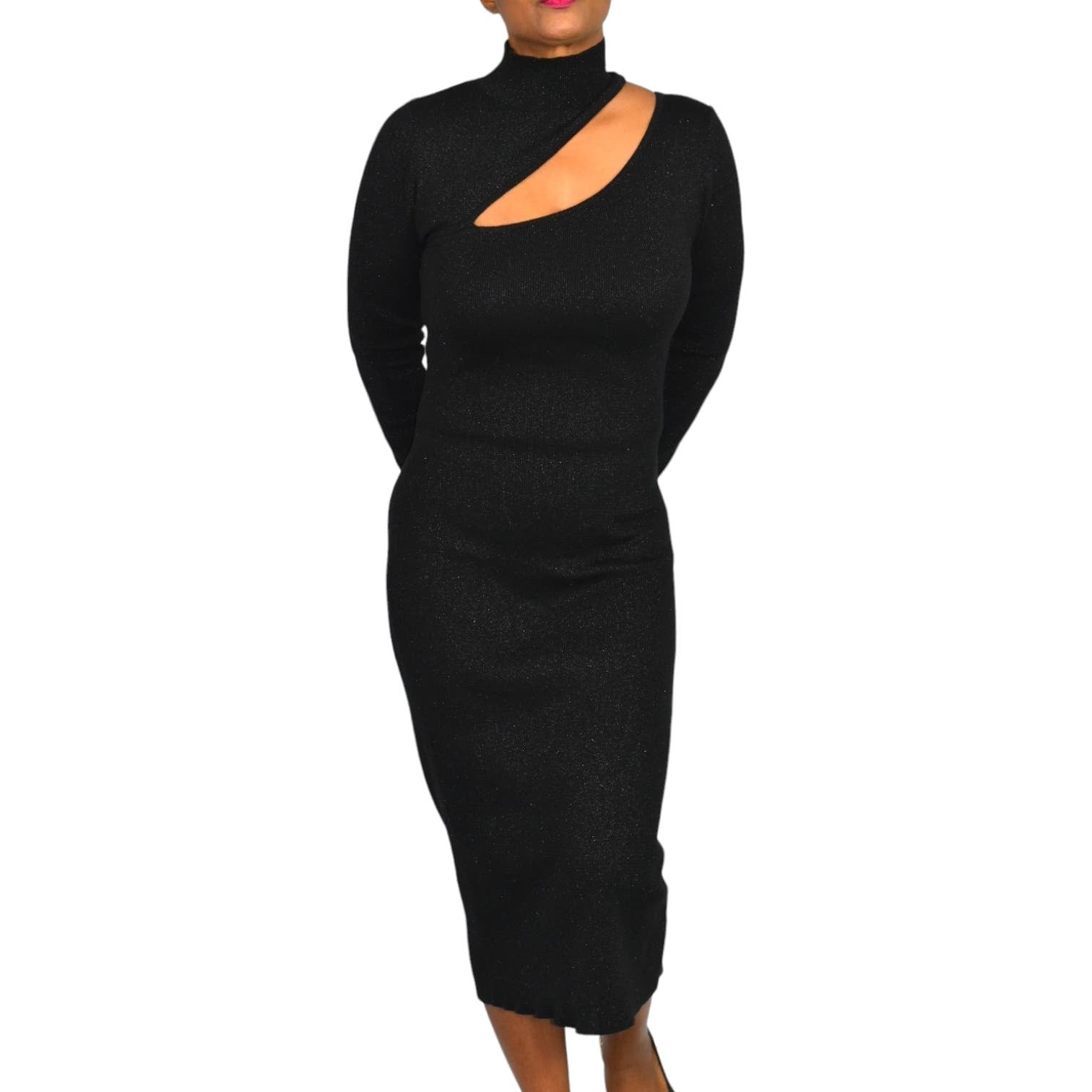 Opt Gertie Knit Sweater Dress Black Turtleneck SweaterDress Shimmer Knit Midi Column Cutout Size Small