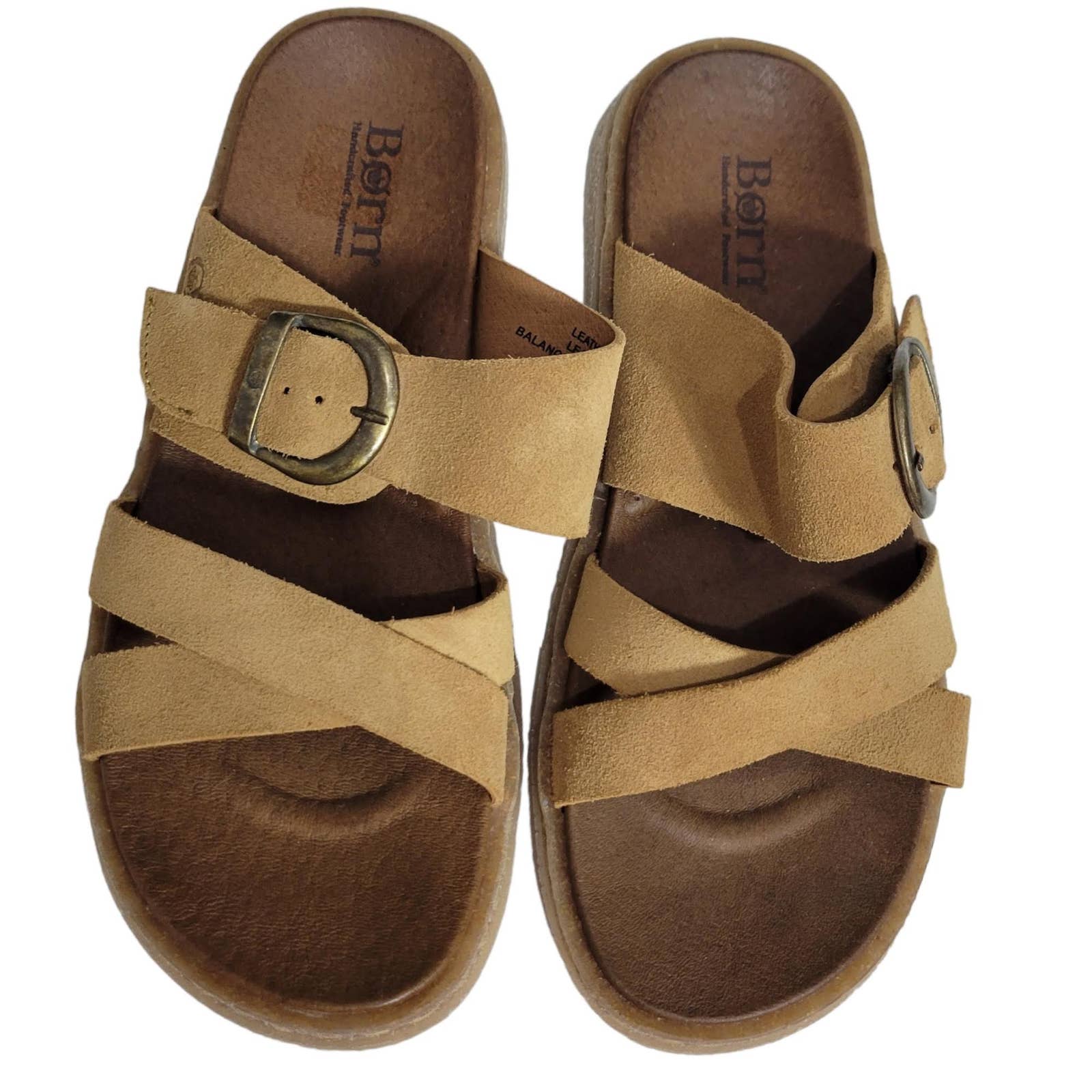 Born Caite Sandals Yellow Tan Leather Flats Wide Buckle Straps Slides Slip On Size 8