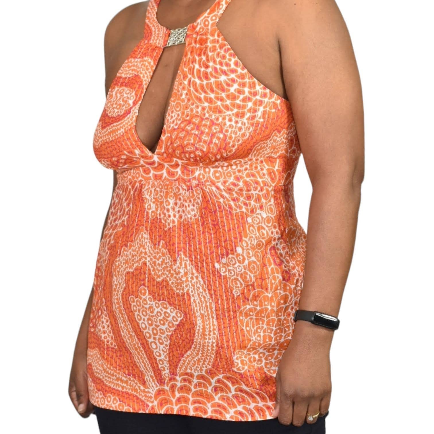 Trina Turk Halter Top Orange Metallic Tunic Keyhole Plunge Retro Y2K S The Thriftanista Closet Trina Turk Halter Top Orange Metallic Tunic Keyhole Plunge Retro Y2K S The Thriftanista Closet