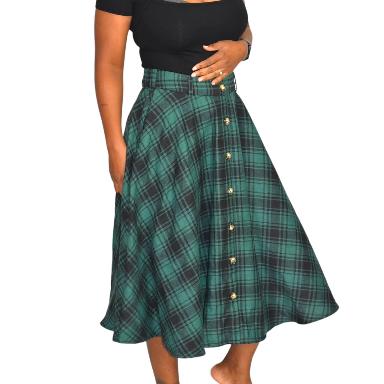 Belle Poque Plaid Skirt Green Midi Tartan Flared Flannel Full A Line Skater Retro Size Medium