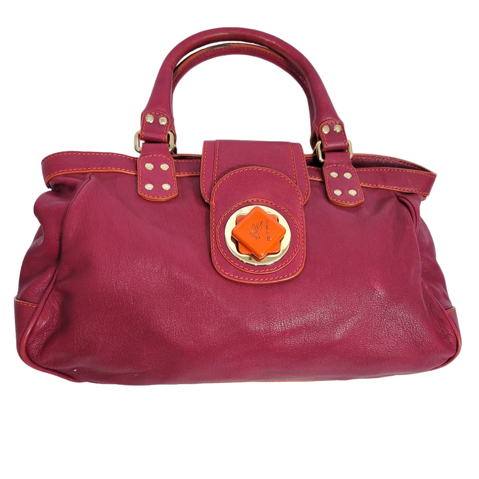Etro Satchel Bag Pink Leather Shoulder Handles Color Block Tote Turn Lock Purse