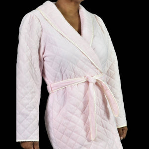 Vintage Quilted Robe Pink Candy Stripe Wrap Belted Komar USA Maxi Country Size Large