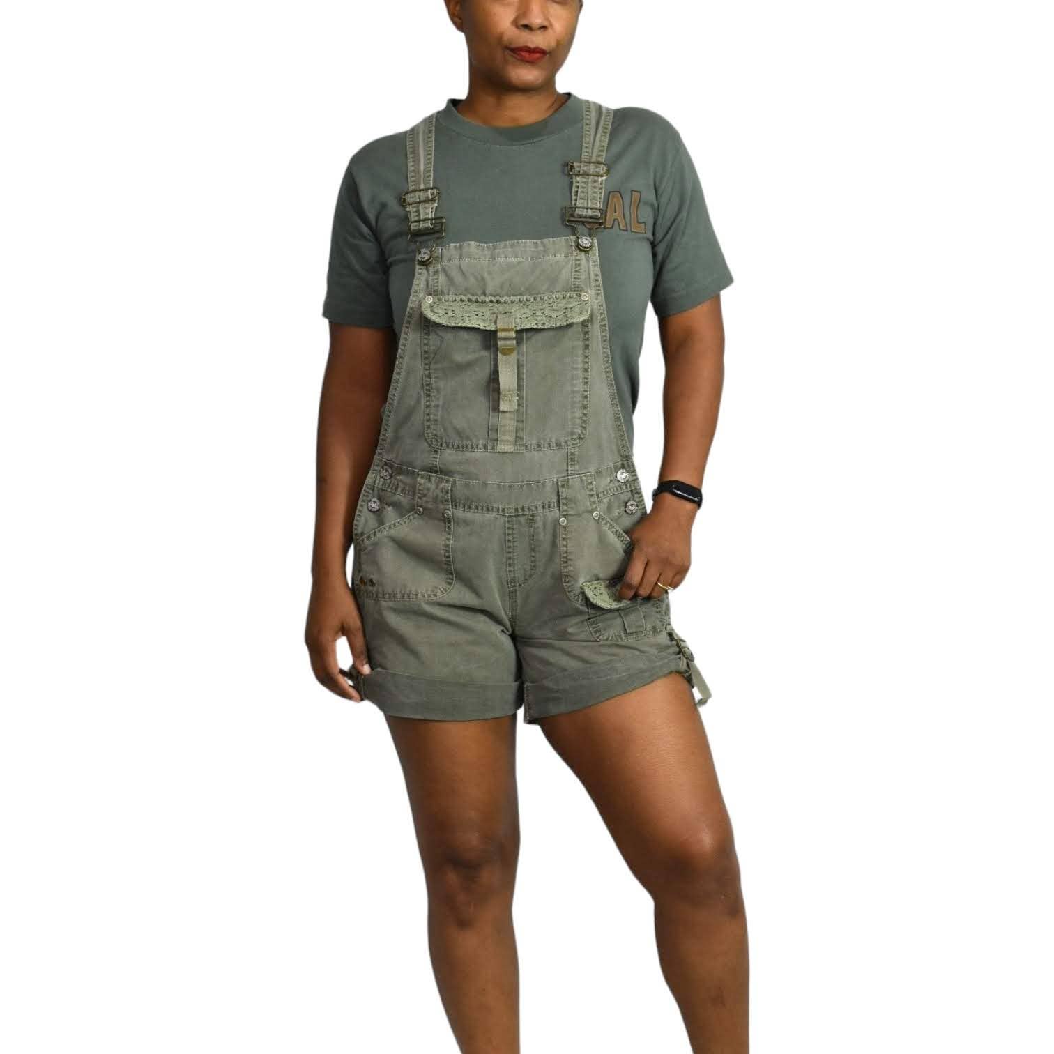 Vintage Squeeze Shortalls Bib Overalls Green Cuffed Cargo Low Rise Y2K Shorts Size Small