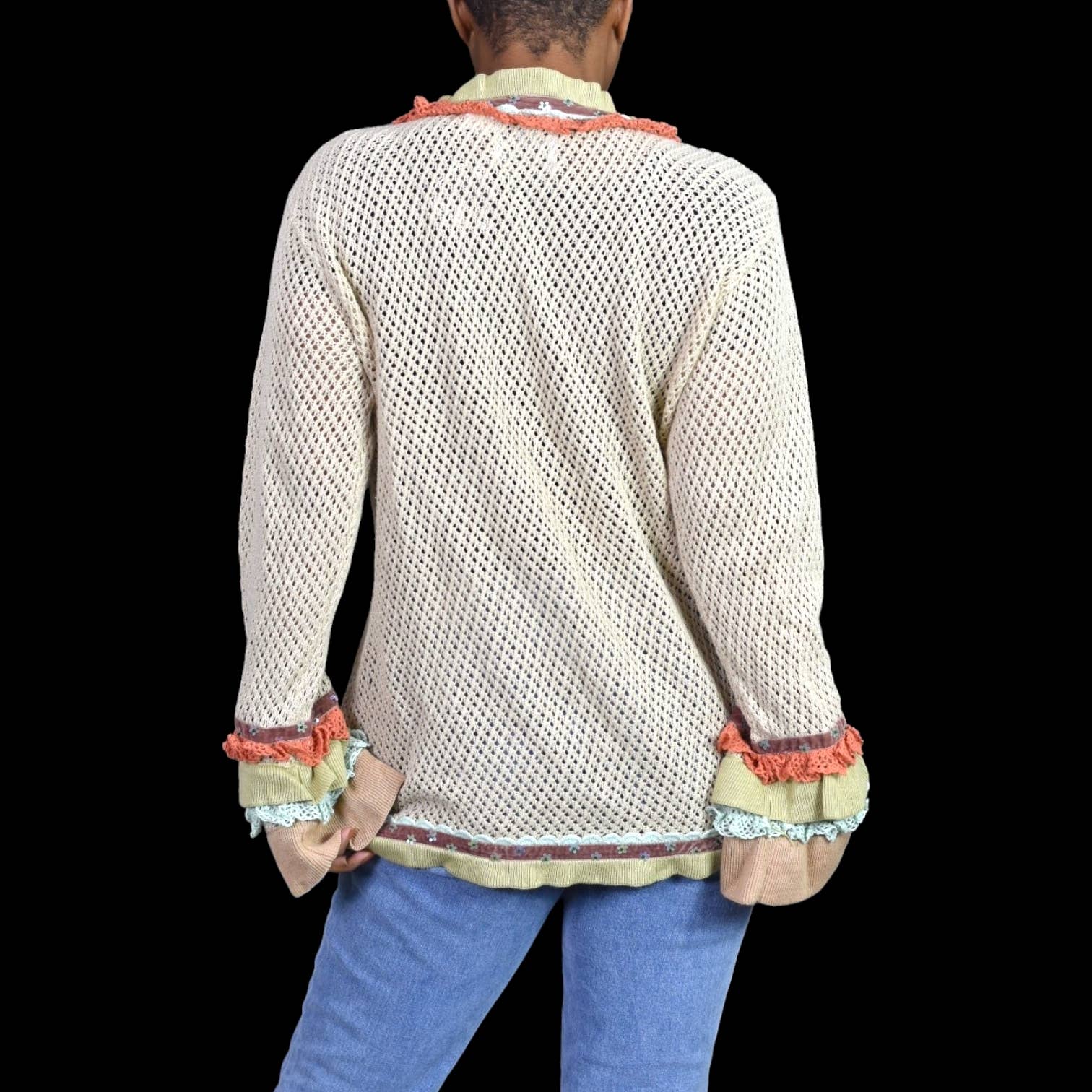 Storybook Knits Sunburst Ruffles Cardigan Tan Vintage Sweater Beaded Size Large