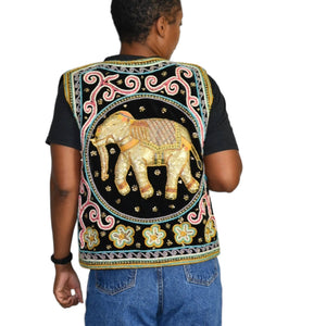 Vintage Thai Kalaga Beaded Vest Gold Thailand Burmese Tapestry Embroidery Elephants Sequins Woven Textile Art Waistcoat One Size