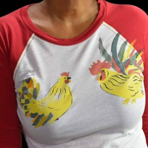 Vintage Lucky Chicken Tee Red Rooster Raglan Sleeve Retro Vintage Y2K Size Small