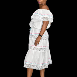 Mexican Campesino Peasant Dress White Embroidery Lace Ribbon Ties Pastel One Size