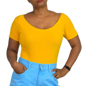 Vintage Betty Blue Bodysuit Yellow Ribbed Short Sleeve Boat Neck Size Medium