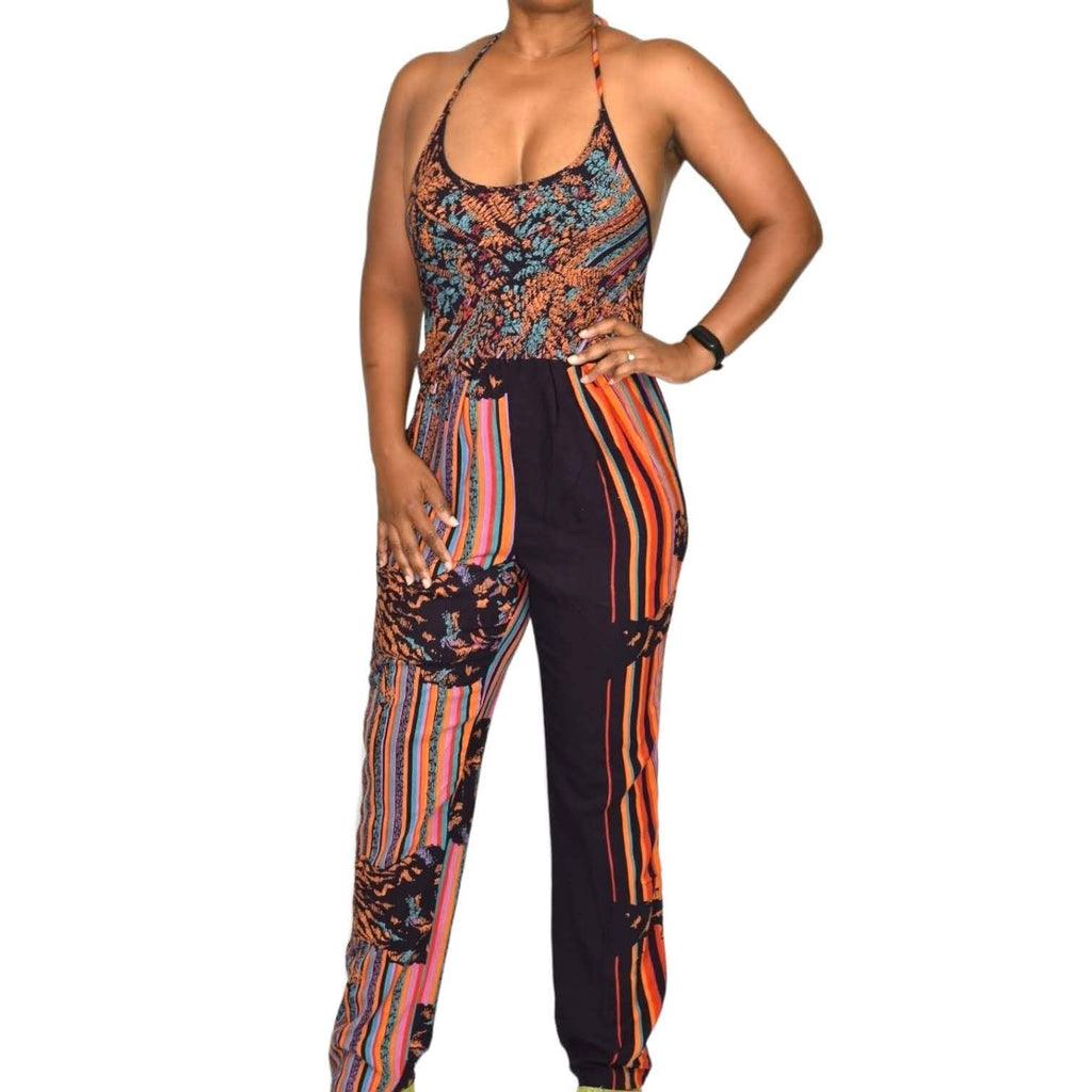 Vintage Ragtime Jumpsuit Purple Mixed Print Pantsuit Halter Straight Leg Size XS