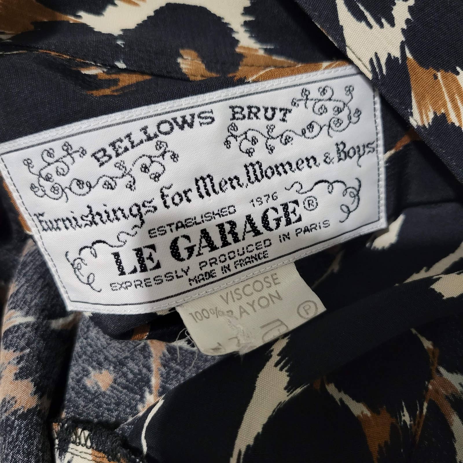 Bellows Brut Animal Print Shirt Vintage Black Le Garage Leopard Size Large Mens