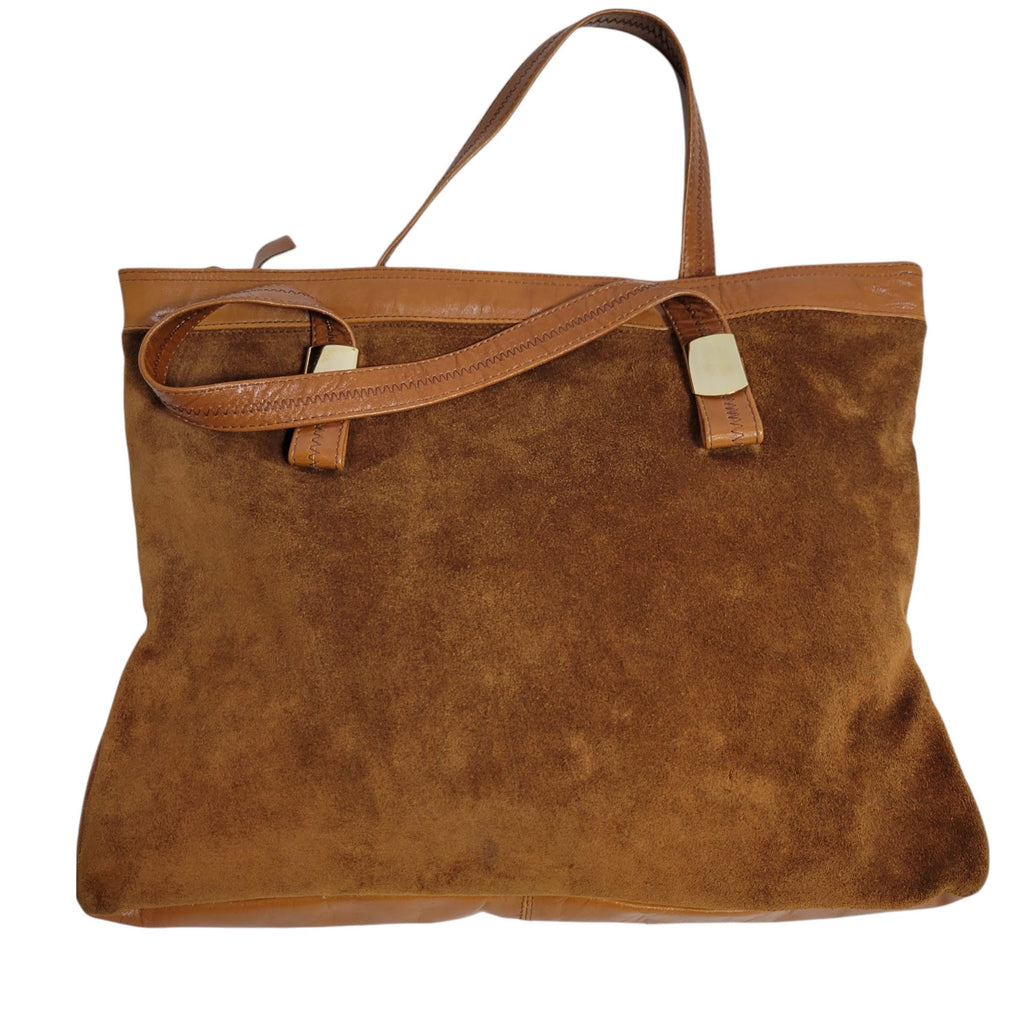 Vintage Suede Tote Bag Italian Brown Leather 70s Slim Carryall