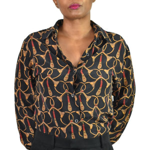 Vintage Ann Taylor Horse Bit Print Silk Shirt Size Small