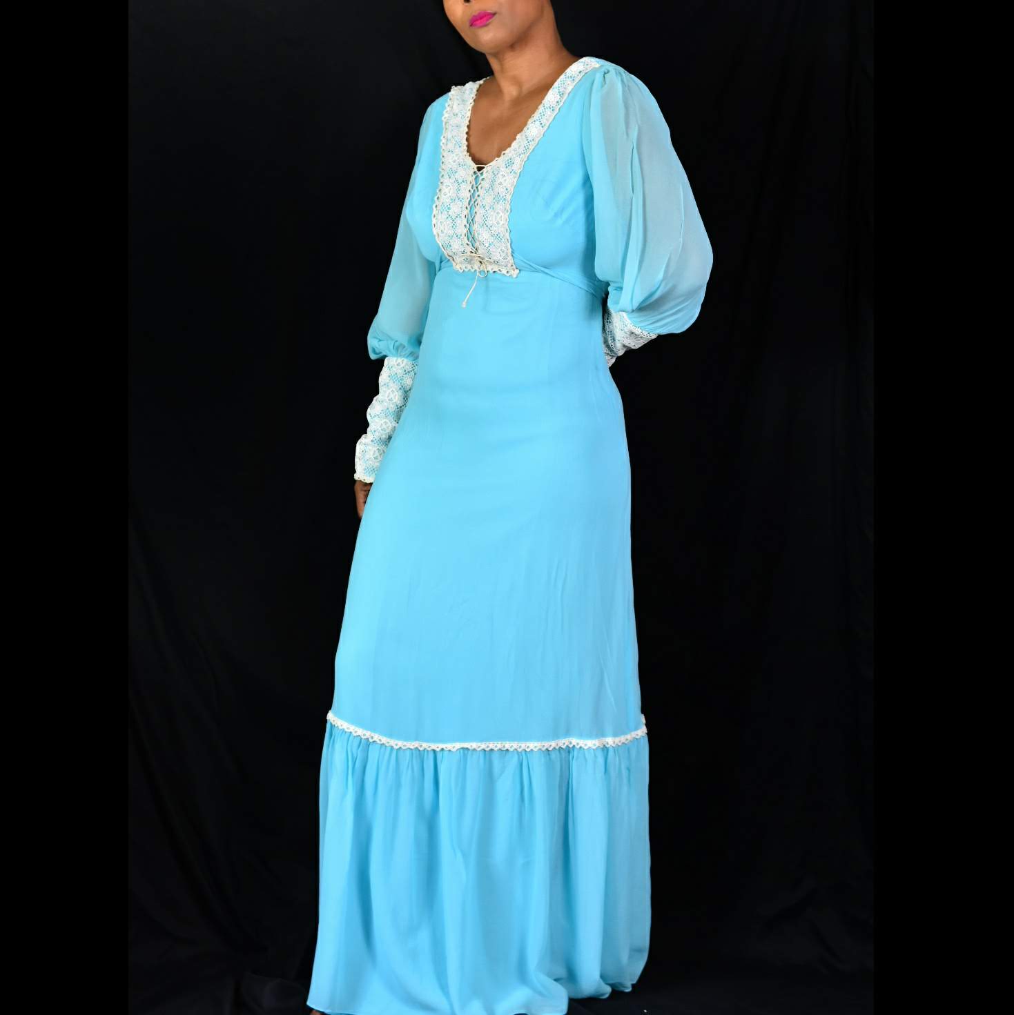 Vintage Blue Silk Prairie Dress Size XS