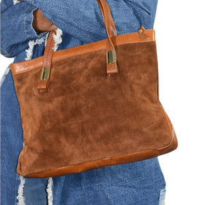Vintage Suede Tote Bag Italian Brown Leather 70s Slim Carryall