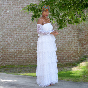 Vintage Tiered Maxi Dress White Lace Size Small