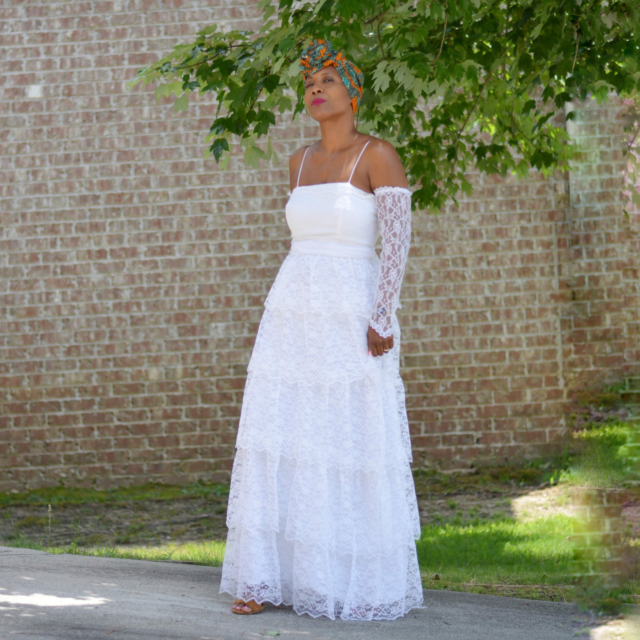 Vintage Tiered Maxi Dress White Lace Size Small