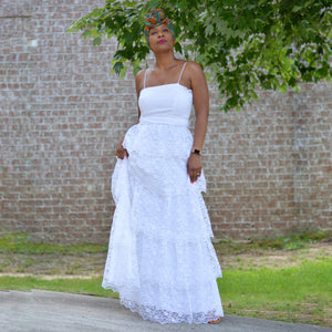 Vintage Tiered Maxi Dress White Lace Size Small