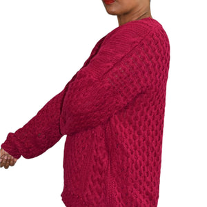 Vintage Express Handknit Sweater Chunky Cableknit V Neck Red Pullover Size Small