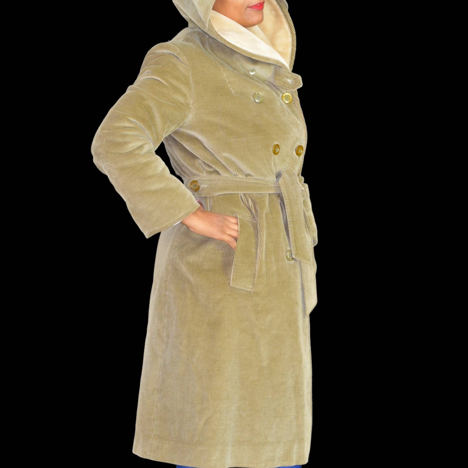 Vintage WeatherBee Corduroy Coat Green Belted Faux Fur Hooded Double Breasted Size Small