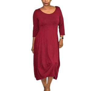 Eileen Fisher Lantern Hem Dress Jersey Knit Midi Bubble Red Stretch Size Medium