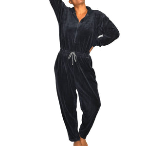 Geoffrey Hunter Sport Vintage Velour Jumpsuit Black Loungewear Tracksuit Drawstring Waist Size Medium