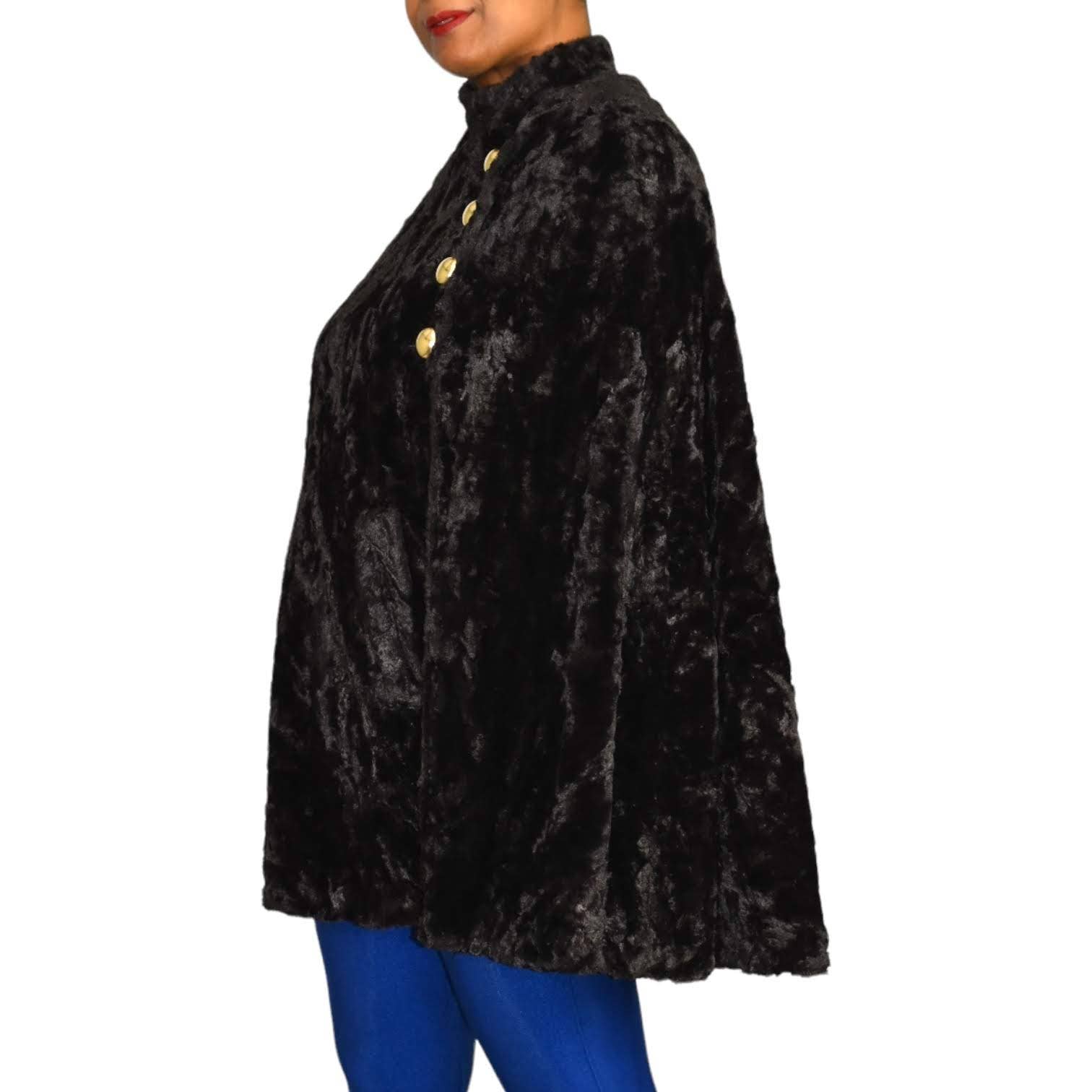Vintage Faux Fur Cape Synthetic Dark Brown Crushed Velvet Pockets ILGWU Size Small