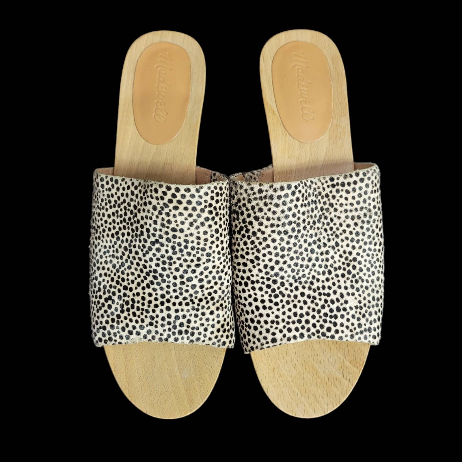 Madewell Evelyn Slide Clogs Chunky Platform Tan Spotted Calf Hair Wooden Heel Mule Size 8