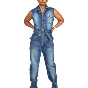 Rocawear Sleeveless Denim Utility Cargo Flight Jumpsuit Stretch Blue Jeans Y2K Size Large