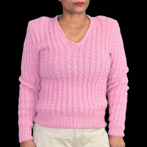 Vintage Pink Sweater Mauve Cottagecore Hand Knit Ribbed V Neck Shoulder Pads Size Small