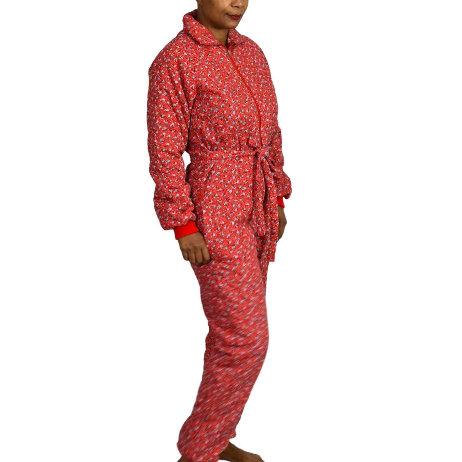 Vintage Quilted Jumpsuit Pajamas Loungewear Red Floral Calico GCaserotti Size XS
